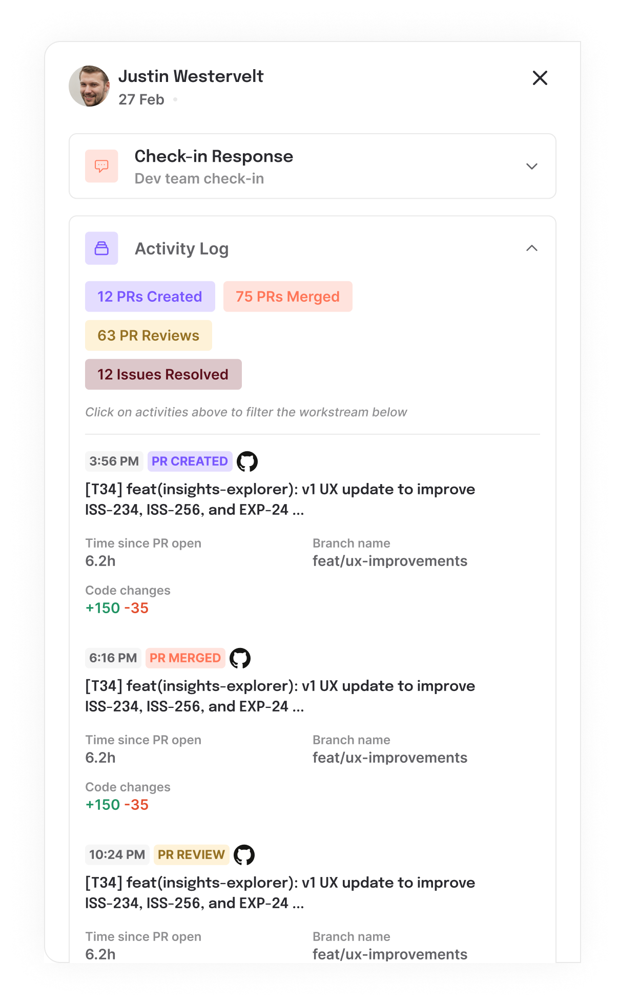 Hatica Activity Log dashboard checkin window