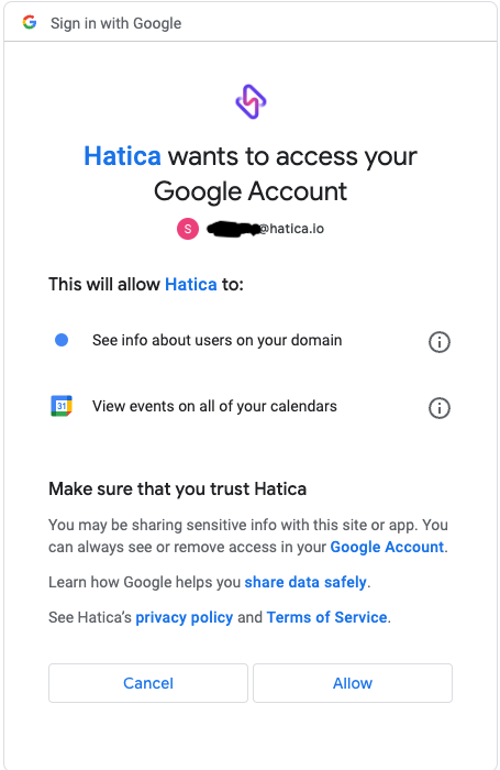 Google Calendar Permissions Page